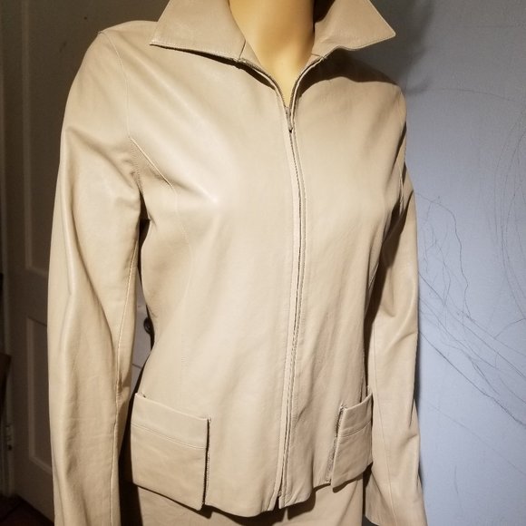 SOLD suit soft leather &silk light coffee JACKET /SKIRT - Picture 2 of 16